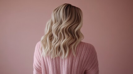 Fototapeta premium A woman with blonde hair is wearing a pink sweater