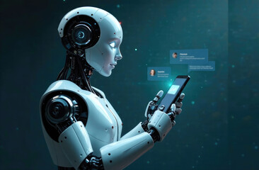 AI chat bot in image robot hand tap screen phone. Mobile online AI chat bot talk through messenger with user. Abstract robotic arm of internet Chatbot with artificial intelligence chatting on phone