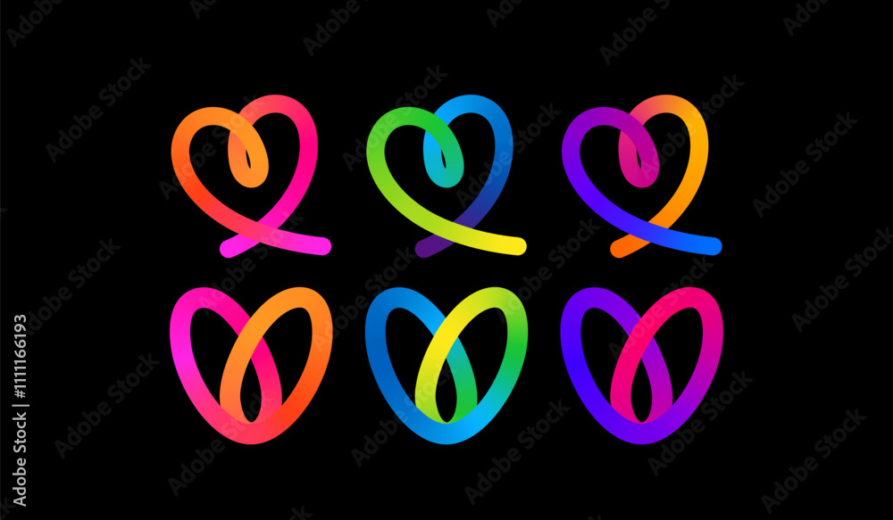 Poster Heart Logo Icon. Vector Abstract Line Logotype Design. 3D Hand Drawn Gradient Graphic