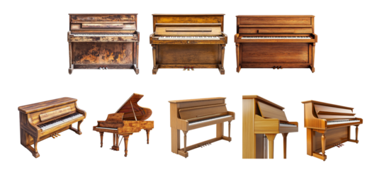 Pack Classic wooden piano set against transparent background for musical instrument catalogs, promotional materials, or interior design inspiration