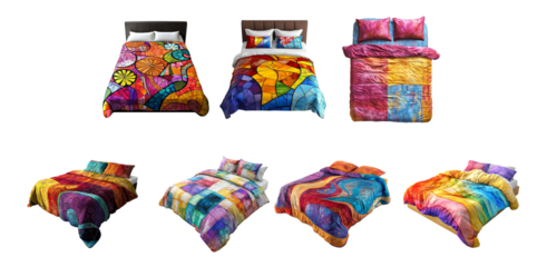 Pack Colorful stained bedsheet set against transparent background for depicting scenarios related to spills, home care, or fabric damage illustrations