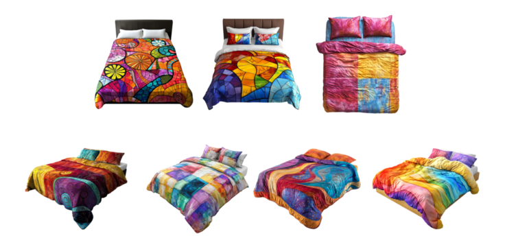 Pack Colorful stained bedsheet set against transparent background for depicting scenarios related to spills, home care, or fabric damage illustrations