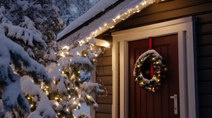 Obraz premium Cozy Scandinavian-style house in Stockholm, Sweden, with snow-covered roof, red door wreath, twinkling white lights, surrounded by snow-dusted trees and festive decor.