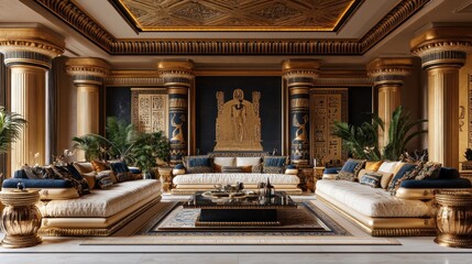Naklejka premium Luxurious Egyptian-themed living room with gold accents, plush seating, and hieroglyphic wall art.