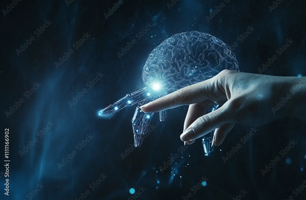Aufkleber Digital hand interacts with a futuristic brain-like robot in a dark environment
