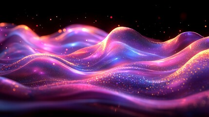 A layered holographic design with abstract metallic waves and vibrant color accents