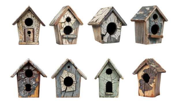 Pack Cracked birdhouse set against transparent background for showcasing damage or repair needs in garden decor