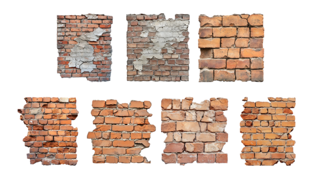 Pack Cracked brick wall set against transparent background for illustrating structural damage or design elements