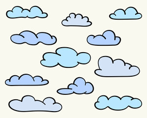 Fototapeta premium A collection of vector-style cloud doodles, designed with a hand-drawn aesthetic. Ideal for use in creative projects, graphic design, or artistic illustrations.