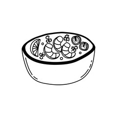 Tom yum with shrimp, tomatoes and lime in doodle style. Spicy national dish of Thailand. Asian soup. Food design for menu, stickers, posters. Hand drawn illustration isolated on white background.