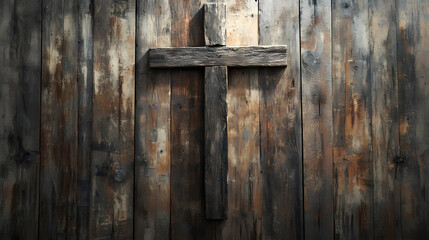 A weathered wooden cross hangs against a backdrop of rustic wood planks, bathed in ethereal light, evoking a sense of faith and hope. Rustic. Illustration