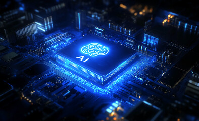 High-tech digital landscape showcasing artificial intelligence processing unit at night in a futuristic city