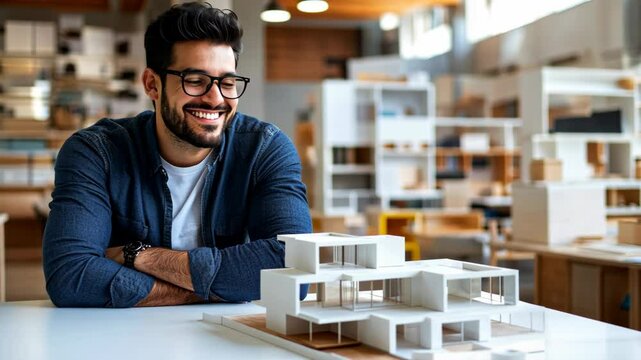 Architect admires scale model in studio workspace, engaged in design process amidst bright interior