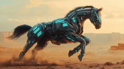 Obraz premium A futuristic robotic horse gallops across a desert landscape, showcasing advanced technology.