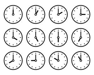 A series of vector clock icons showing different times. Featuring a clock design, these illustrations are presented on a clean white background.