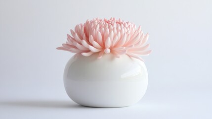 Single pink chrysanthemum in a white vase on white background.