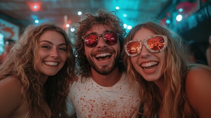 A joyful trio of friends laugh and have fun during a night out, wearing stylish glasses that...