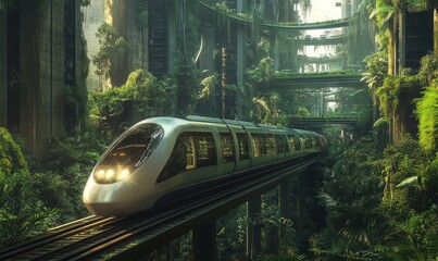 A sleek, futuristic train glides smoothly along an elevated track surrounded by lush greenery and modern architecture, showcasing a harmonious blend of technology and nature.