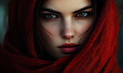 A woman with intense eyes and a red scarf, gazing thoughtfully