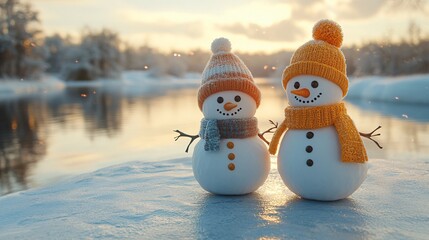 Obraz premium Two playful plasticine snowmen stand on a frozen lake, surrounded by a snowy landscape. Soft lighting highlights their colorful outfits against the white backdrop. 