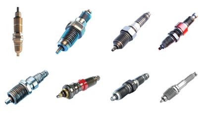Pack Metal spark plug set against transparent background for automotive and mechanical themes