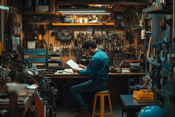 Fototapeta premium Calm reflection of a mechanic in a workshop while taking notes