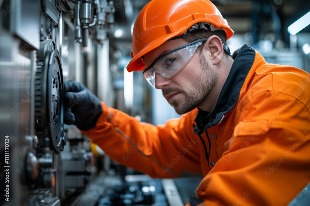 Poster Focused technician operating CNC machine in modern industrial workshop