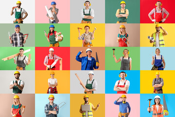 Fototapeta premium Collage of many carpenters on color background