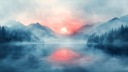 Fototapeta premium A serene landscape featuring misty mountains, a calm lake, and a vibrant sunset, creating a tranquil and atmospheric scene.