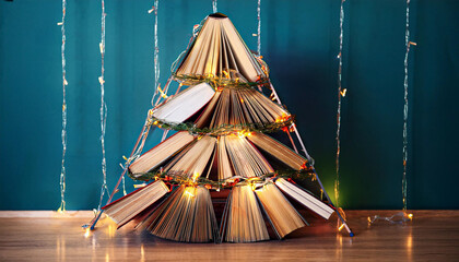 originally decorated Christmas tree made of books and garlands