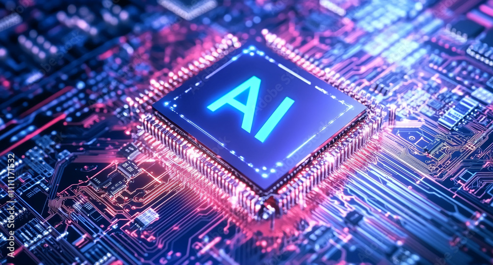 Aufkleber advanced technology circuit board displaying an ai chip in a vibrant digital landscape