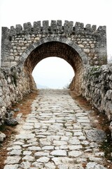 Obraz premium Stone archway, cobblestone path, ancient ruins.