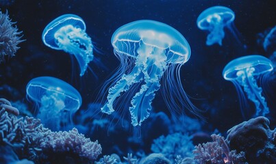 Naklejka premium Bioluminescent jellyfish gracefully floating in the deep ocean, surrounded by glowing coral, creating a mesmerizing underwater scene