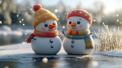 Obraz premium Two playful plasticine snowmen stand on a frozen lake, surrounded by a snowy landscape. Soft lighting highlights their colorful outfits against the white backdrop. 
