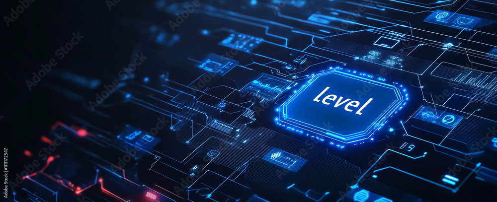 Poster Digital circuit board with glowing blue elements showcasing the word level in a technology-driven environment