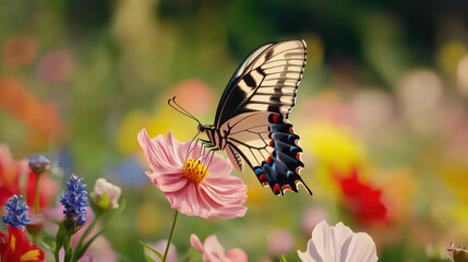 Fototapeta premium delicate butterfly resting on vibrant flowers in full bloom, showcasing nature beauty and color. scene captures essence of spring and tranquility