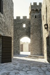 Fototapeta premium Stone castle passage, arched gateway, sunlight.