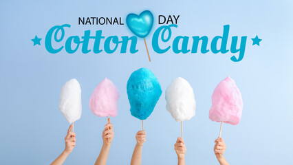 Female hands with different cotton candy on light background