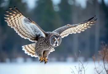 Obraz premium Great gray owl soars through winter forest. Majestic bird in flight with wings spread wide. Snowy landscape, bare trees background. Wildlife scene in Canadian forest. Owl in action during cold winter
