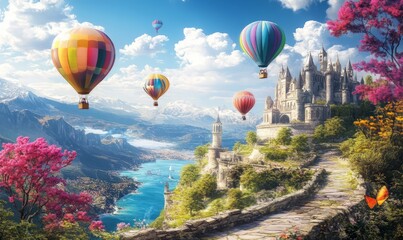 Fototapeta premium A whimsical scene of a fantasy landscape filled with colorful hot air balloons floating above a picturesque castle and vibrant, blooming flora.