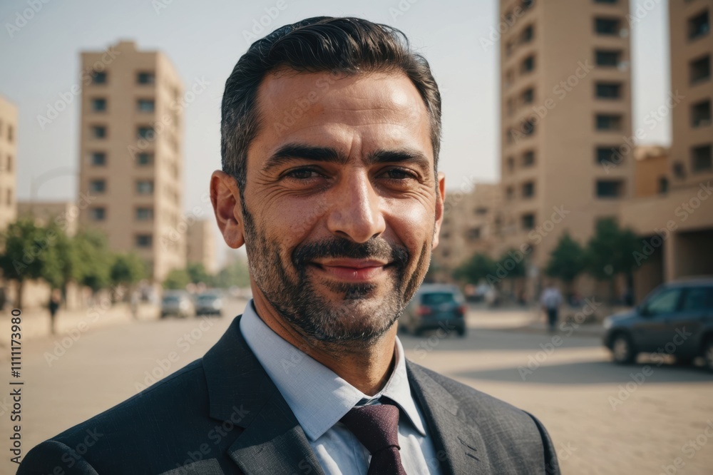 Wall mural Close portrait of a smiling 40s Iraqi businessman looking at the camera, Iraqi big city outdoors blurred background