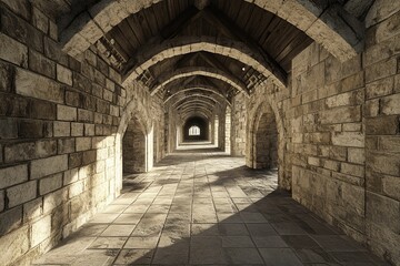 Fototapeta premium Stone passageway, arched ceiling, sunlight, ancient architecture.