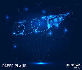 A polygonal paper airplane gliding through its route, designed with triangles, dots, and a network of lines. This low-poly structure illustrates a modern technological aesthetic in vector format.