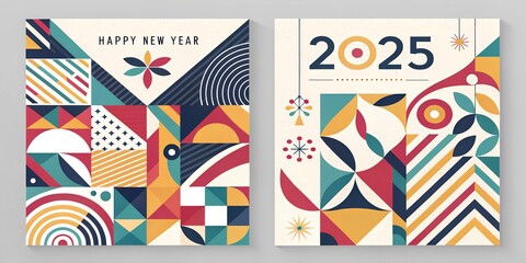 Obraz premium Creative concept of Happy New Year 2025 cards set. Modern abstract art design with geometric shapes. Templates for celebration, ads, branding, banner, cover, label, poster, sales