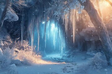 Frozen cave landscape with magically radiant light
