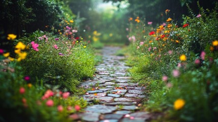 Obraz premium Serene Garden Pathway, a winding stone trail embraced by lush grass and vibrant blossoms, inviting peaceful exploration in a tranquil outdoor setting.