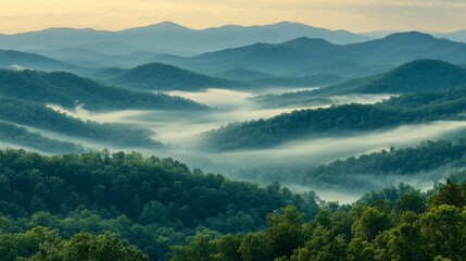 Naklejka premium Misty Mountain Landscape with Rolling Hills and Forested Slopes