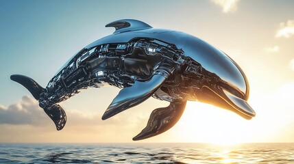 A futuristic, robotic dolphin leaping above the water at sunset, blending nature and technology.