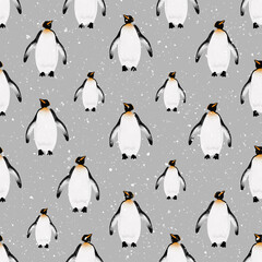 winter seamless pattern with cute watercolor penguins and snowdrops