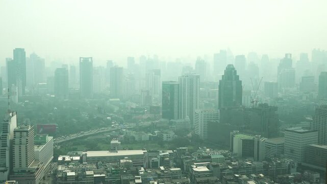 Bangkok, Thailand - January 23, 2018: Panorama of Bangkok covered by polluted smog